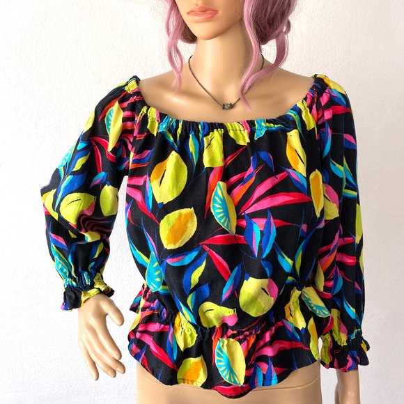 Colorful Ruffled Crop Top Lemon Print Blouse Resort Fashion Tropical Vacation M - Picture 3 of 7